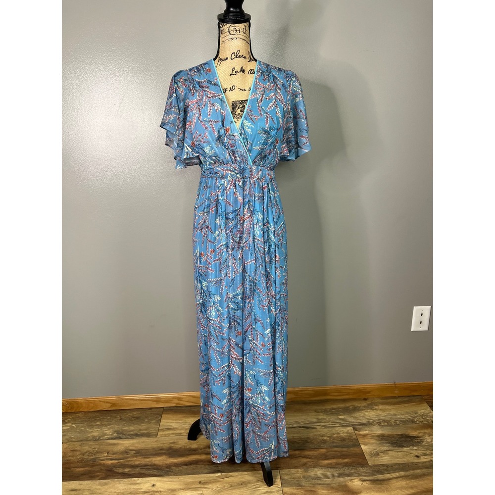 Sundance floral maxi dress blue chiffon flutter sleeve small travel event